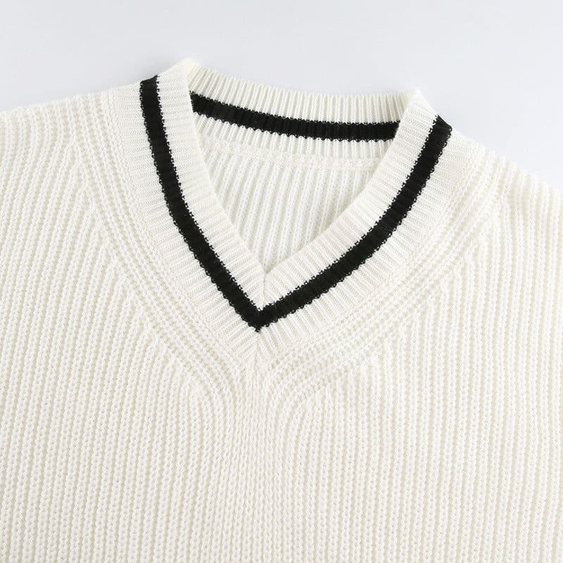 image-Women's Contrast Color Long Sleeve Loose Sweater