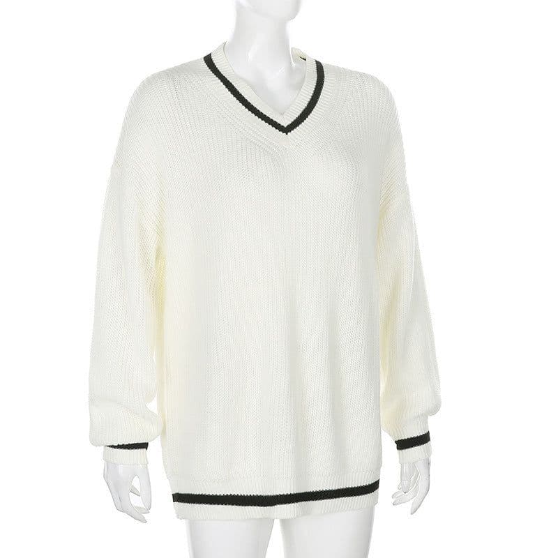 image-Women's Contrast Color Long Sleeve Loose Sweater