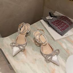 image-Women's Pointed Toe Satin Stiletto Sandals with Bow Rhinestone
