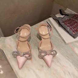 image-Women's Pointed Toe Satin Stiletto Sandals with Bow Rhinestone