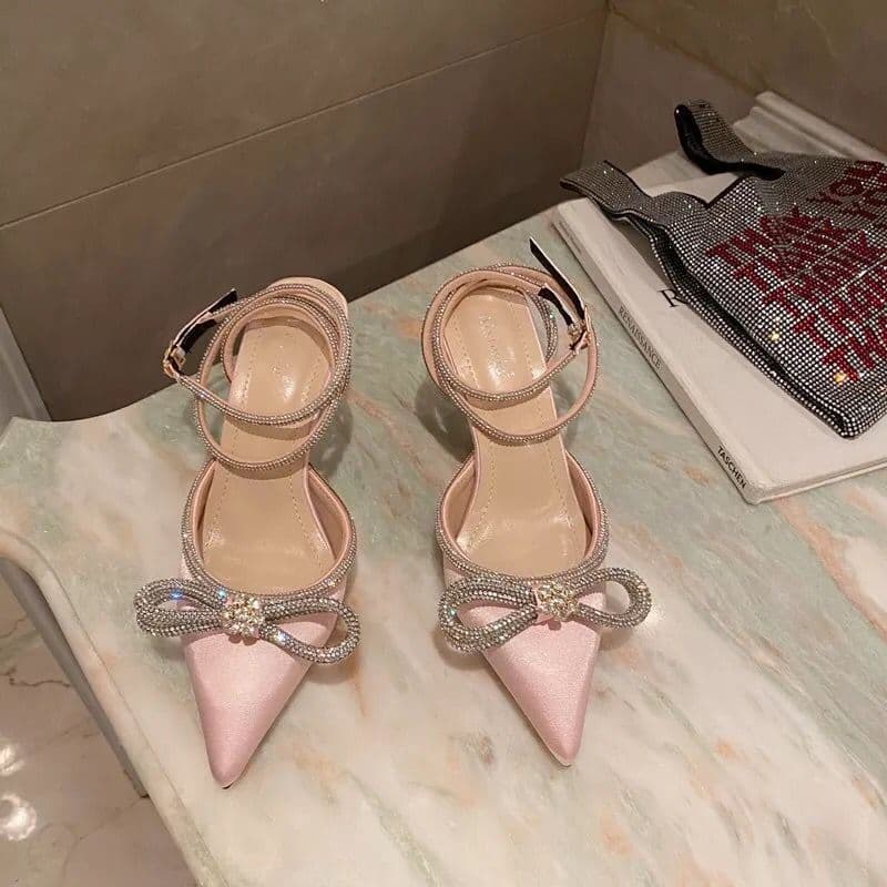 image-Women's Pointed Toe Satin Stiletto Sandals with Bow Rhinestone