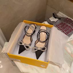 image-Women's Pointed Toe Satin Stiletto Sandals with Bow Rhinestone