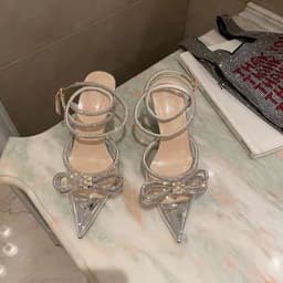 image-Women's Pointed Toe Satin Stiletto Sandals with Bow Rhinestone
