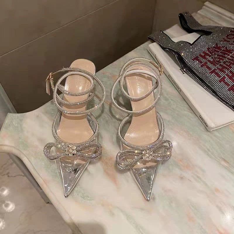 image-Women's Pointed Toe Satin Stiletto Sandals with Bow Rhinestone