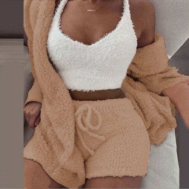 image-Women's Plush Pajama Set 3-Piece Long Sleeve Top Vest Shorts