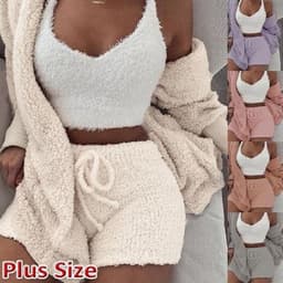 image-Women's Plush Pajama Set 3-Piece Long Sleeve Top Vest Shorts