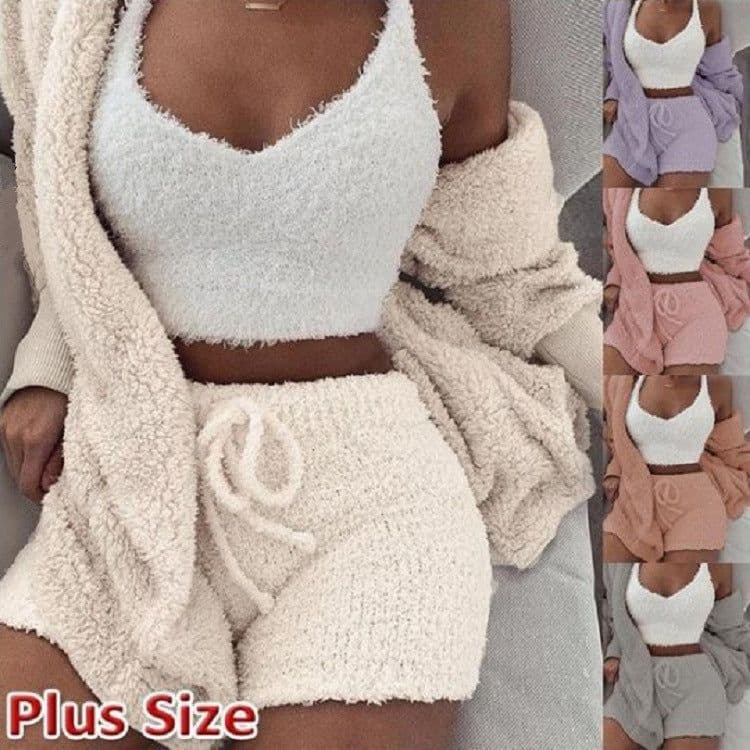 image-Women's Plush Pajama Set 3-Piece Long Sleeve Top Vest Shorts