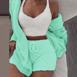 image-Women's Plush Pajama Set 3-Piece Long Sleeve Top Vest Shorts