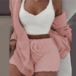 image-Women's Plush Pajama Set 3-Piece Long Sleeve Top Vest Shorts