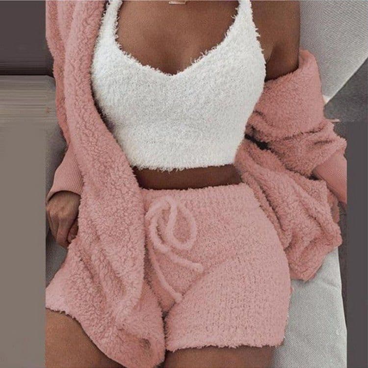 image-Women's Plush Pajama Set 3-Piece Long Sleeve Top Vest Shorts