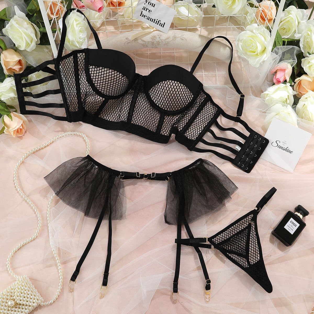 image-Women's Mesh Lingerie Set with Pleated Skirt - 3 Piece Black
