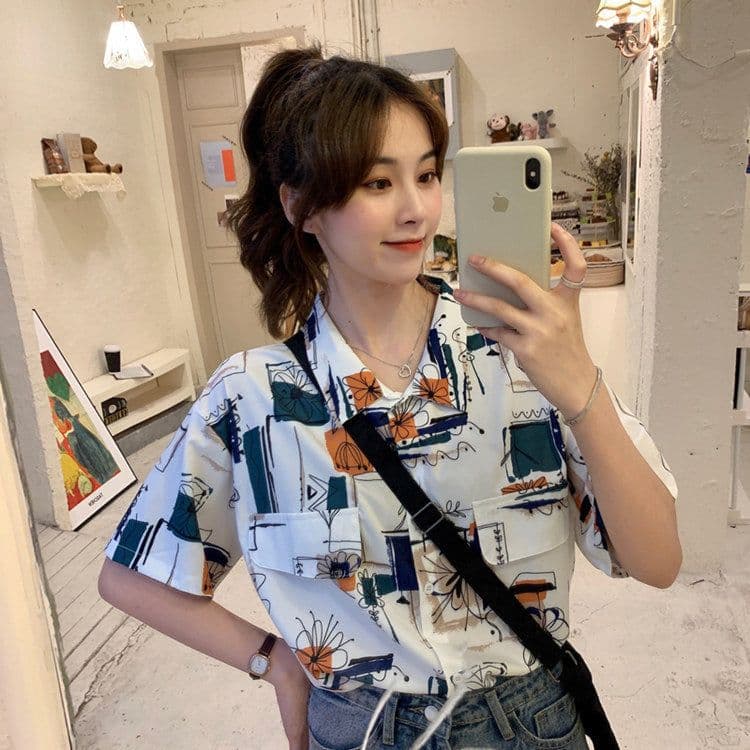 image-Women's Short Sleeve Floral Print Shirt Jacket Summer 2022