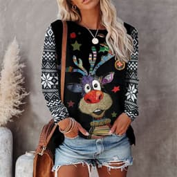 image-Women's Christmas T-Shirt Long Sleeve Round Neck Printed Top
