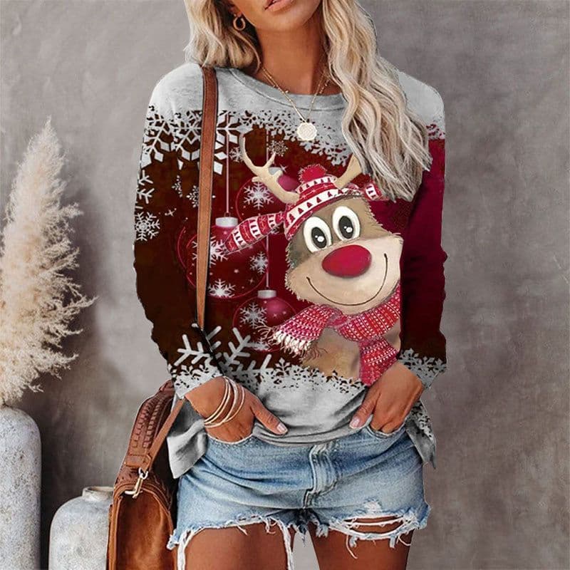 image-Women's Christmas T-Shirt Long Sleeve Round Neck Printed Top