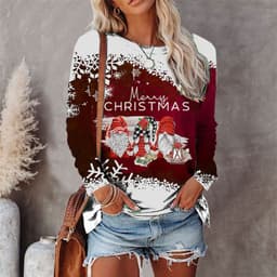image-Women's Christmas T-Shirt Long Sleeve Round Neck Printed Top