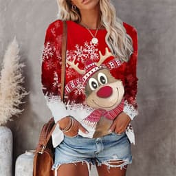 image-Women's Christmas T-Shirt Long Sleeve Round Neck Printed Top