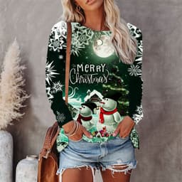 image-Women's Christmas T-Shirt Long Sleeve Round Neck Printed Top