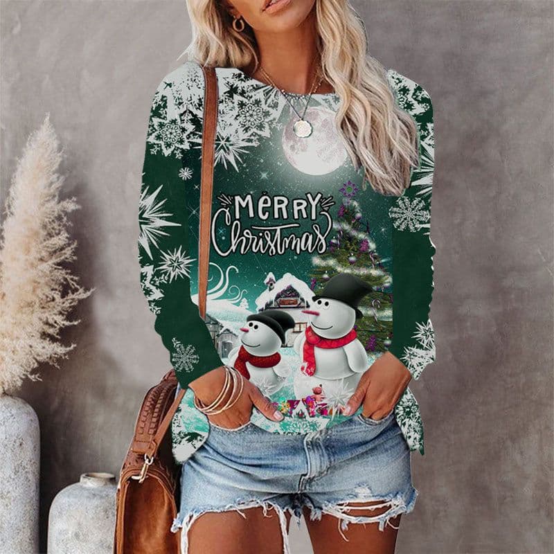 image-Women's Christmas T-Shirt Long Sleeve Round Neck Printed Top