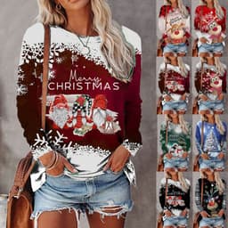image-Women's Christmas T-Shirt Long Sleeve Round Neck Printed Top