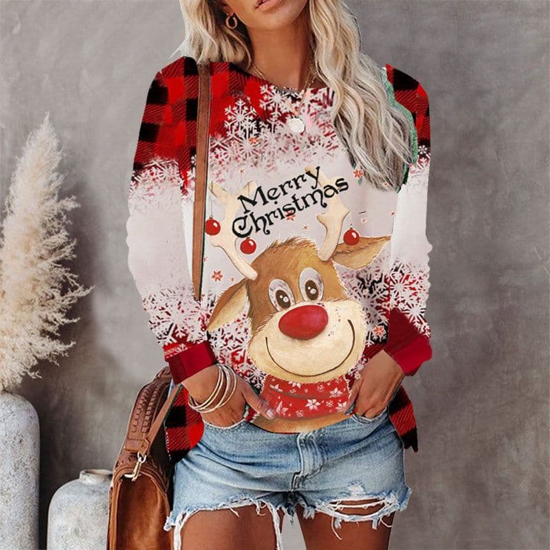 image-Women's Christmas T-Shirt Long Sleeve Round Neck Printed Top