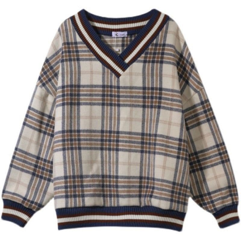 image-Xin Qi Te Women's Plaid V-Neck Sweater Long Sleeve Loose Fit