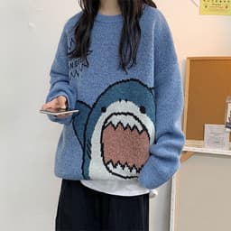 image-Men's Shark Cartoon Round Neck Sweater Casual Loose Thickened