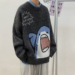image-Men's Shark Cartoon Round Neck Sweater Casual Loose Thickened