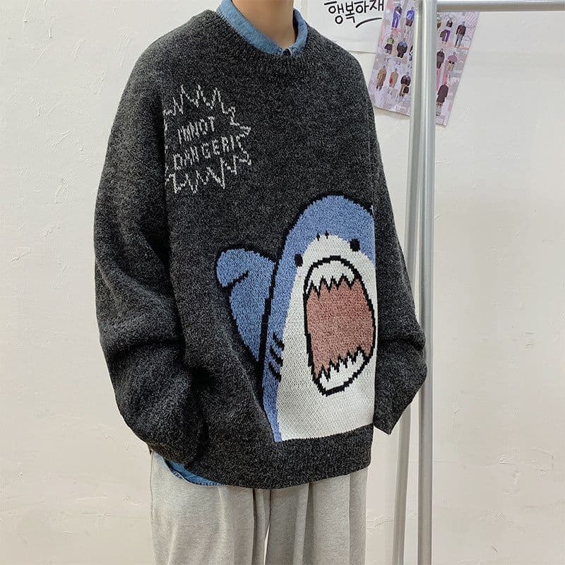 image-Men's Shark Cartoon Round Neck Sweater Casual Loose Thickened