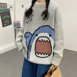 image-Men's Shark Cartoon Round Neck Sweater Casual Loose Thickened