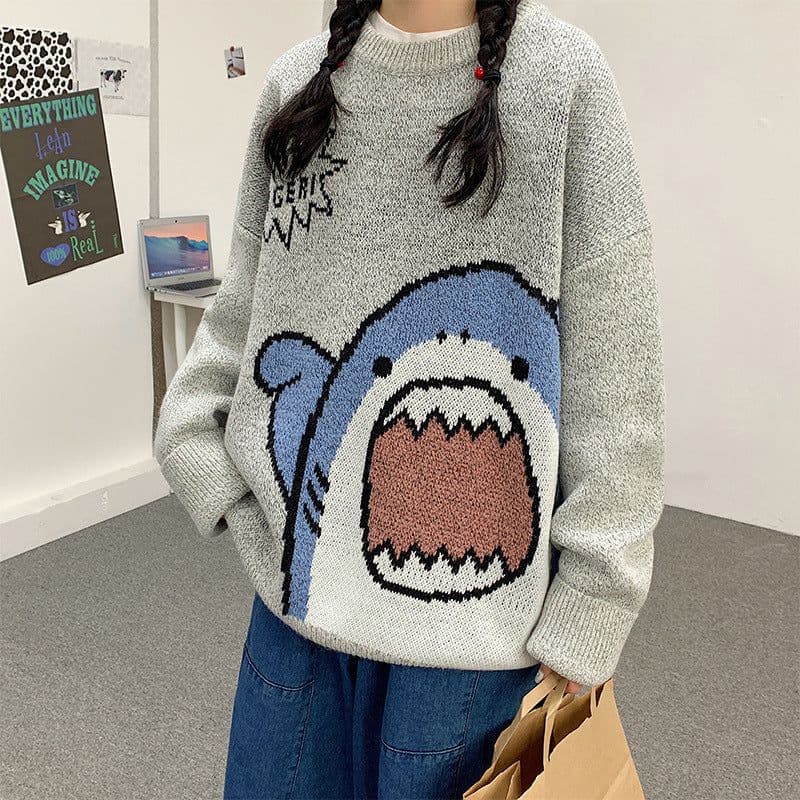 image-Men's Shark Cartoon Round Neck Sweater Casual Loose Thickened