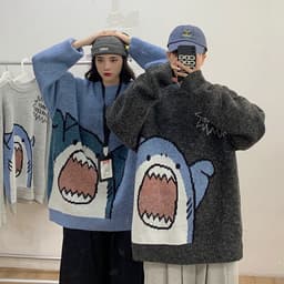 image-Men's Shark Cartoon Round Neck Sweater Casual Loose Thickened
