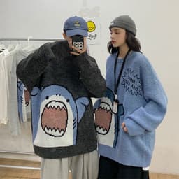 image-Men's Shark Cartoon Round Neck Sweater Casual Loose Thickened