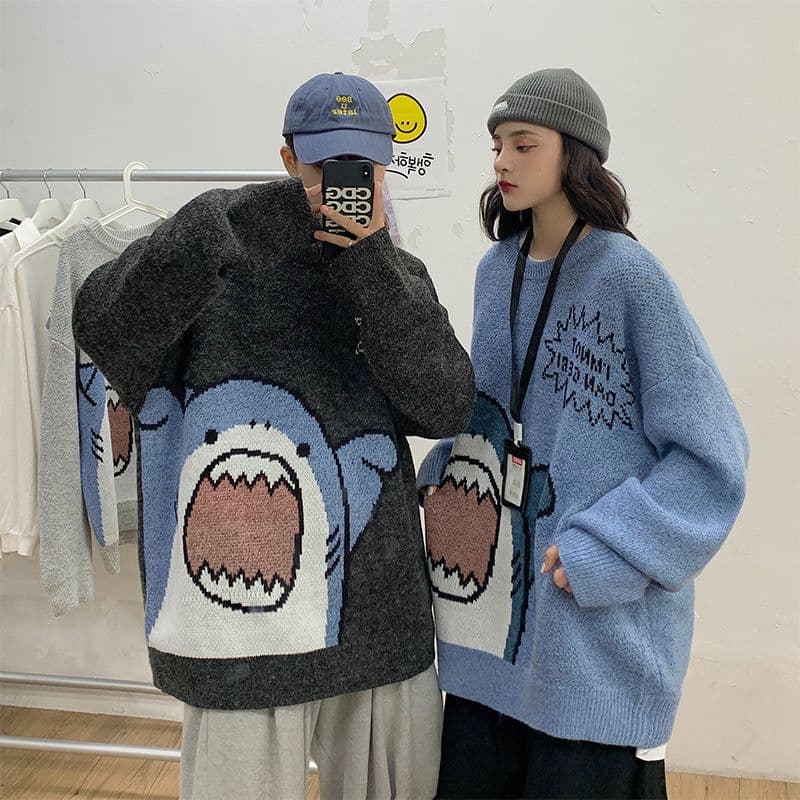 image-Men's Shark Cartoon Round Neck Sweater Casual Loose Thickened