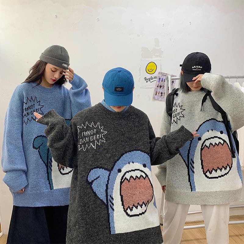 image-Men's Shark Cartoon Round Neck Sweater Casual Loose Thickened