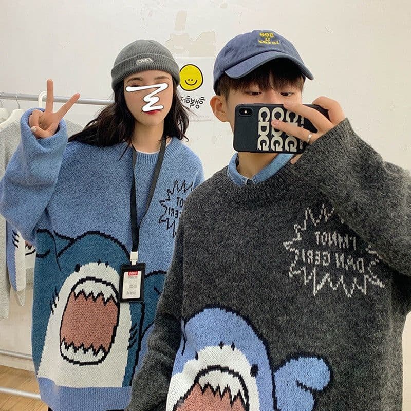 image-Men's Shark Cartoon Round Neck Sweater Casual Loose Thickened