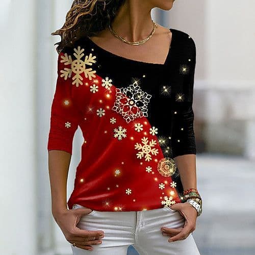image-Christmas Off-Shoulder Long Sleeve T-Shirt for Women Red Black