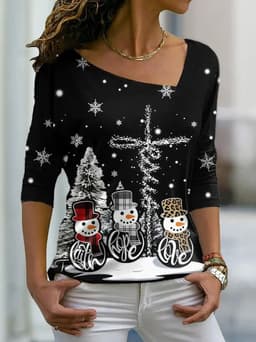 image-Christmas Off-Shoulder Long Sleeve T-Shirt for Women Red Black
