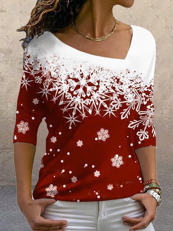 image-Christmas Off-Shoulder Long Sleeve T-Shirt for Women Red Black
