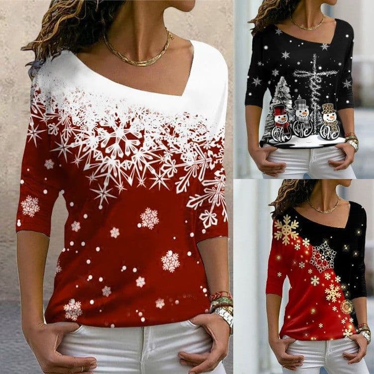 image-Christmas Off-Shoulder Long Sleeve T-Shirt for Women Red Black