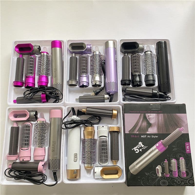image-5-in-1 Hot Air Brush Curling Iron Hair Dryer Styling Comb