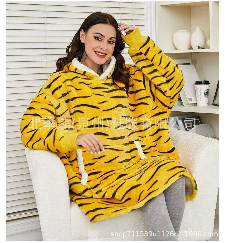 image-Women's Flannel Hooded Nightgown Unicorn Tiger Print Pajama