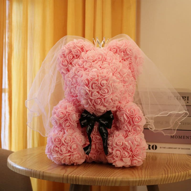 image-Rose Bear with Wedding Dress 40cm Flower Bear Gift