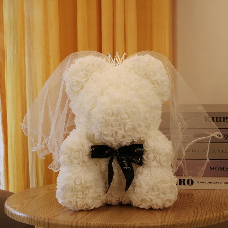image-Rose Bear with Wedding Dress 40cm Flower Bear Gift