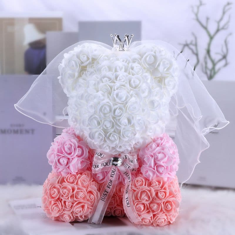 image-Rose Bear with Wedding Dress 40cm Flower Bear Gift