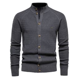 image-Men's Cotton Cardigan Sweater Stand Collar Navy Blue XXL