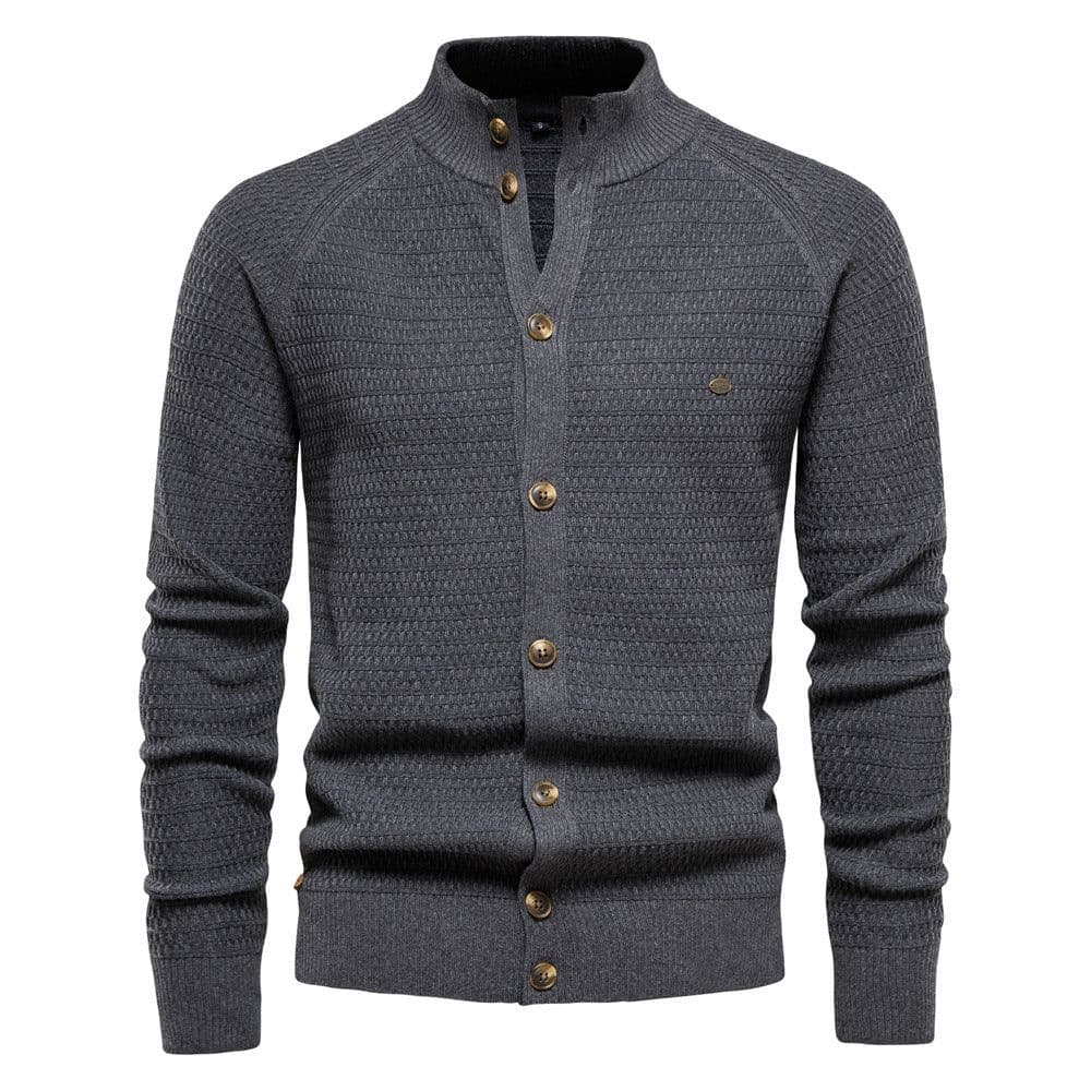 image-Men's Cotton Cardigan Sweater Stand Collar Navy Blue XXL