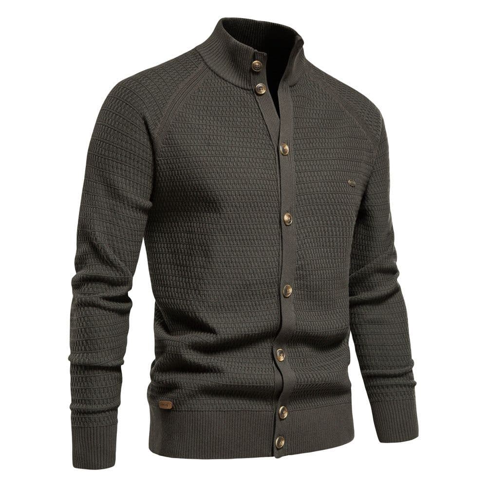 image-Men's Cotton Cardigan Sweater Stand Collar Navy Blue XXL