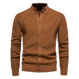 image-Men's Cotton Cardigan Sweater Stand Collar Navy Blue XXL