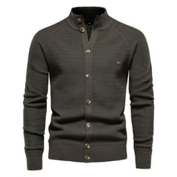 image-Men's Cotton Cardigan Sweater Stand Collar Navy Blue XXL