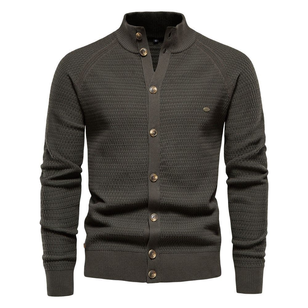 image-Men's Cotton Cardigan Sweater Stand Collar Navy Blue XXL